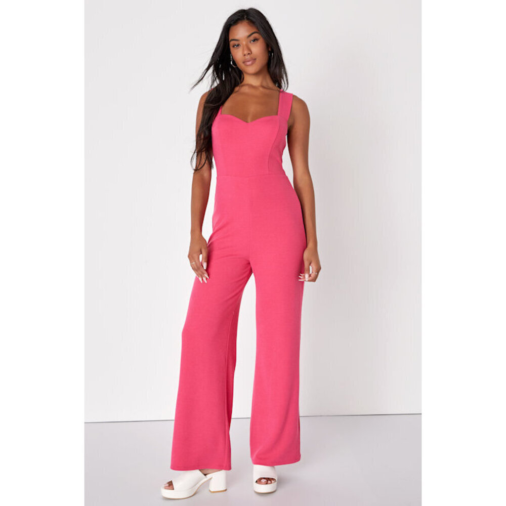 Lulus Standout Energy Hot Pink Ribbed Knit Wide-leg Jumpsuit - Size S